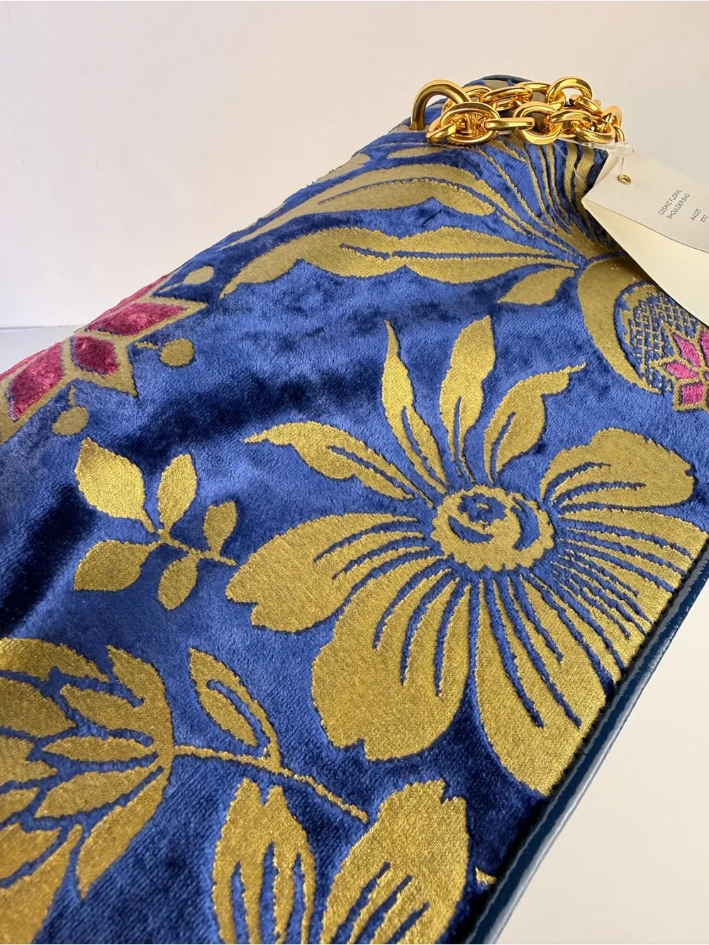 Tory Burch Cosmic Floral Velvet Shoulder Bag Blue Gold Chain $558